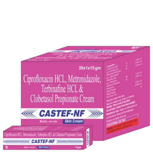 Castef-NF-Skin-Cream-Ciprofloxacin-HCL-Metronidazole-Terbinafine-HCL-Clobetasol-Propionate-Cream-K-Curens-Pharma