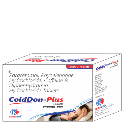 ColdDon-Plus-Tablets-Paracetamol-Phynelephrine-Hydrochloride-Caffeine-Diphenhydramin-Hydrochloride-Tablets-K-Curens-Pharma
