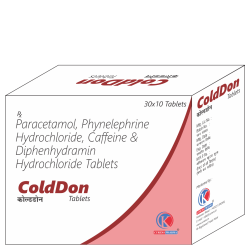 ColdDon-Tablets-Paracetamol-Phynelephrine-Hydrochloride-Caffeine-Diphenhydramin-Hydrochloride-Tablets-K-Curens-Pharma