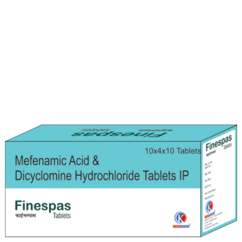 Finespas-Tablets-Mefenamic-Acid-Dicyclomine-Hydrochloride-Tablets-IP-K-Curens-Pharma
