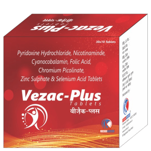 Vezac-Plus-Tablets-Pyridoxine-Hydrochloride-Nicotinamide-Cyanocobalamin-Folic-Acid-Chromium-Picolinate-Zinc-Sulphate-Selenium-Acid-Tablets-K-Curens-Pharma